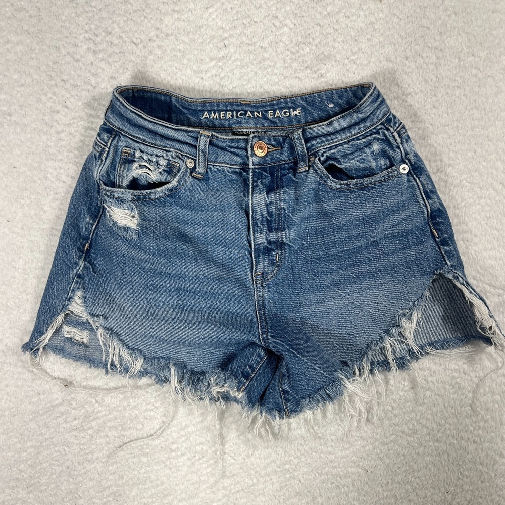 American Eagle Womens 0 W23 Comfort Stretch Highest Rise Mom Short Blue Denim